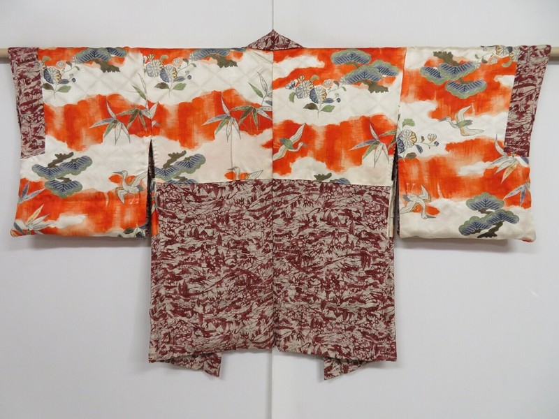 0918i10z410 Kimono Japonais Vintage Soie Haori Vin Rouge Scenery