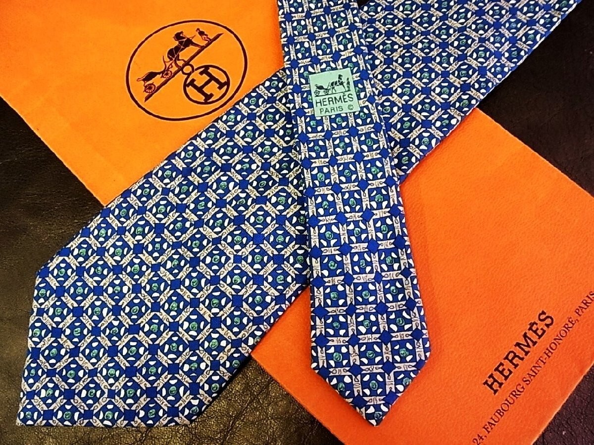 HERMES Neck tie Silk Navy Blue Logo japan seller N1218 46