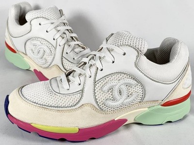 Chanel G26582 Coco Mark Suede Leather Mesh Sneakers Women's Size 37 White