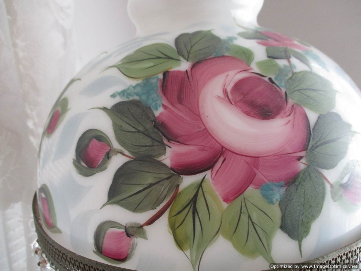 Gone with the Wind Banquet or Parlor Lamp with Hand Painted Roses & 52 Prisms
