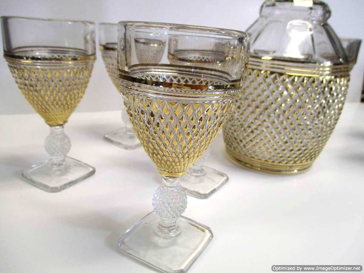 MCM 1960's Imperial Glass Mt Vernon Cambridge Decanter Set Diamond Point w Gold