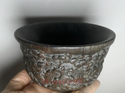 4.8   Old China Hand Carved Bamboo root pine tree Tred-crowned crane bowl plate