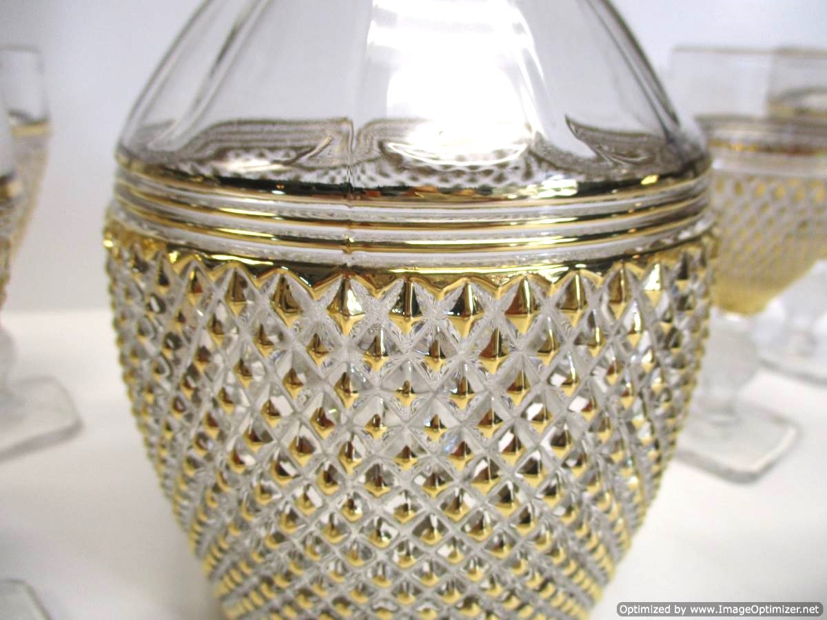 MCM 1960's Imperial Glass Mt Vernon Cambridge Decanter Set Diamond Point w Gold