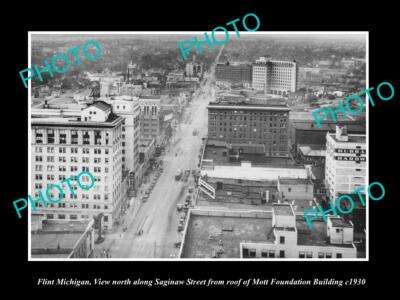 OLD POSTCARD SIZE PHOTO OF FLINT MICHIGAN AERIAL VIEW OF SAGINAW STREET c1930