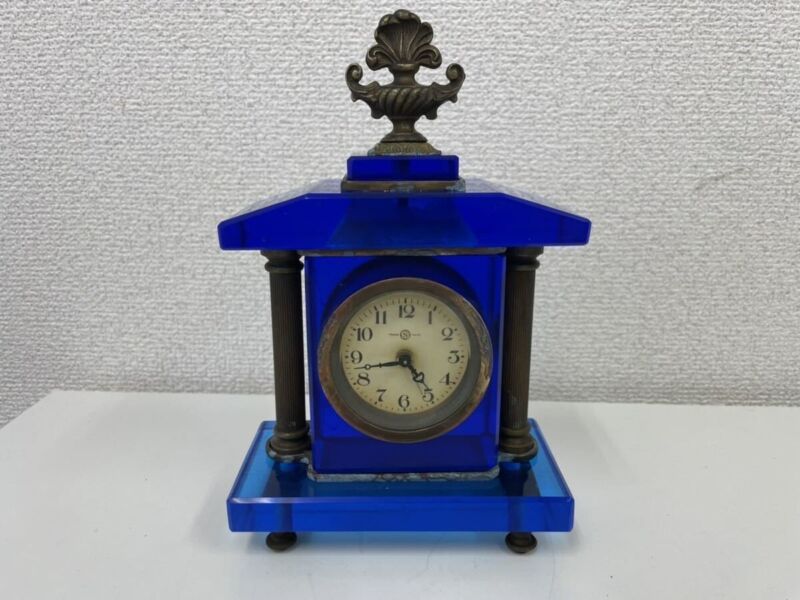 Seikosha Trade Mark Uranium Glass Table Clock Palace Parthenon Blue Rare Vintage