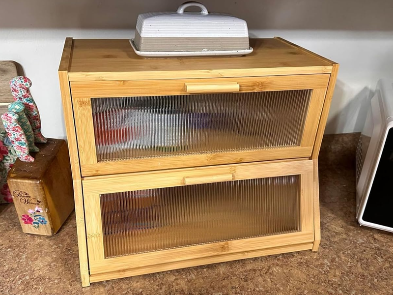 Double Layer Bamboo Bread Box for Kitchen Counter,Large Capacity Bread Storage