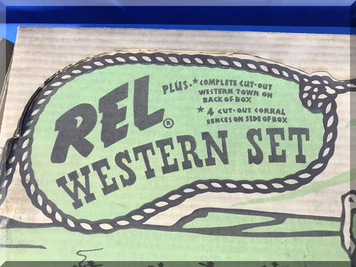 1960S REL WESTERN SET STAGECOACH HORSES COWBOYS SADDLES FENCE CUTOUT TOWN & BOX