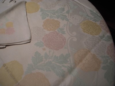 Rare Damask Multicolored Pink Peach Yellow Teal Tablecloth + 6 Napkins