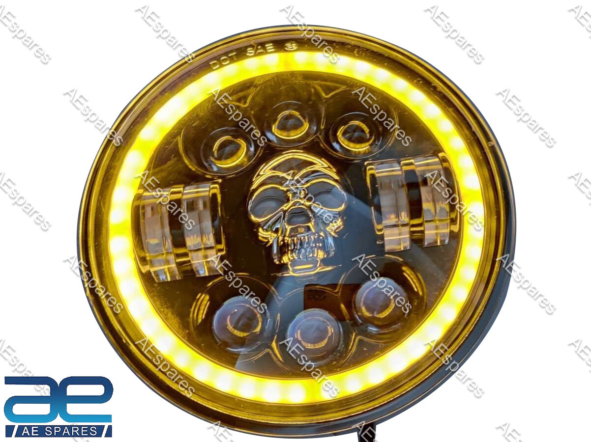 Skull Design 7" LED Headlight For Mahindra Thar Harley Royal Enfield 