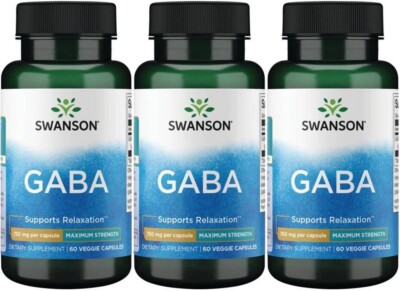 Swanson Gaba Maximum Strength 750 mg 3X 60 Veggie Capsules Stress Relaxation