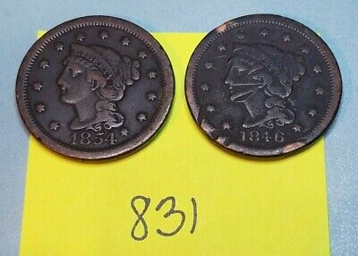 2 Coins 1846 1854 Liberty MATRON HEAD Large Copper Cent Pennies Old Collection