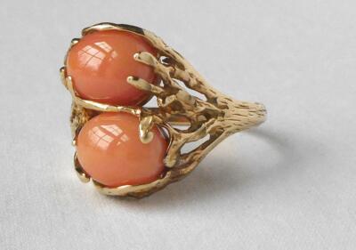 Vintage 14k Gold Natural Coral Double Ring Handmade Branch Vine Mount 6.8gr