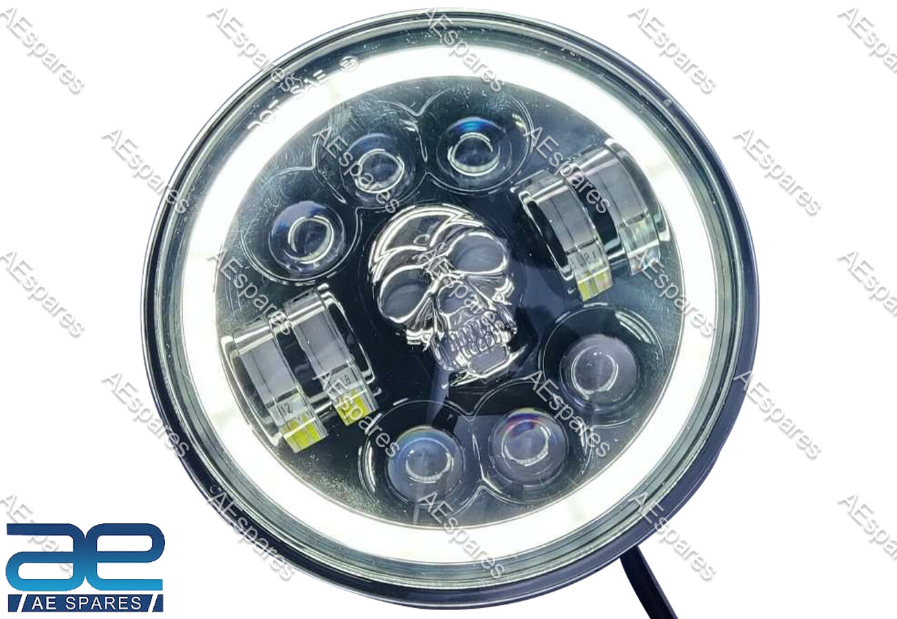 Skull Design 7" LED Headlight For Mahindra Thar Harley Royal Enfield 