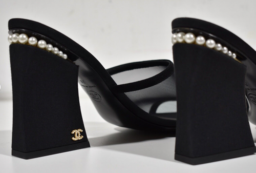 Pre-owned Chanel 22a Black Mesh Pearl Cc Logo Block Heel Backless Mule Sandal Pump 39