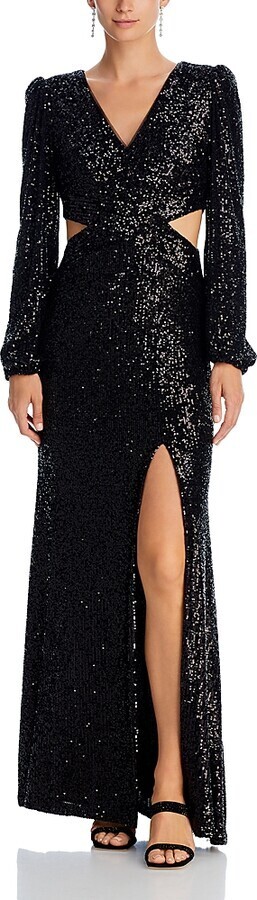 AQUA V-Neck Long Sleeve Cutout Sequin Dress Women's 2 Black Side Slit Back Zip - Picture 1 of 17