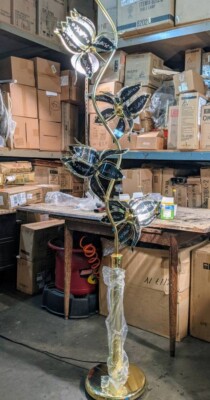 Gold frame & Smoke Black etched glass Lotus Flower Floor Lamp Vintage styled 73''