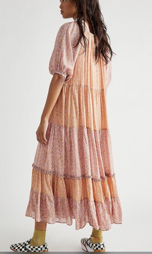 Pre-owned Free People X Spell & The Gypsy Collective Free People Spell Rae Gown Puff Sleeve Printed Tiered Maxi Dress M In Pink