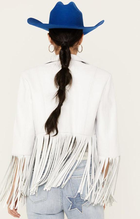 Pre-owned Cripple Creek Women's White Fringe Nappa Lamb Leather Jacket - Ll16459-01