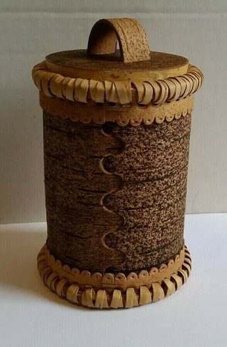 Handcrafted Russian Birch Bark Bear Decorated Storage Canister or Trinket Box