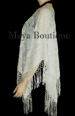 Pre-owned Maya Matazaro Ivory  Silk Burnout Velvet Poncho Top Piano Shawl Fringed Wrap In White