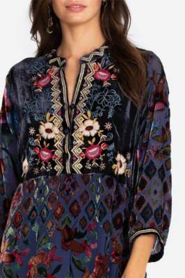 Pre-owned Johnny Was Clara Gweneth Burnout Tunic Dress Top Embroidered Floral Pre Sale In Blue