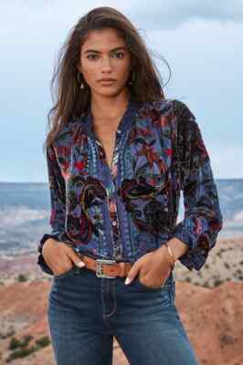 Pre-owned Johnny Was Clara Burnout Leda Button Down Top Shirt Embroidered Floral Blue Navy