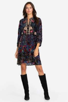 Pre-owned Johnny Was Clara Gweneth Burnout Tunic Dress Top Embroidered Floral Pre Sale In Blue