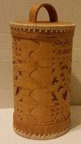 Handcrafted Russian Birch Bark Floral Decorated Storage Canister or Trinket Box