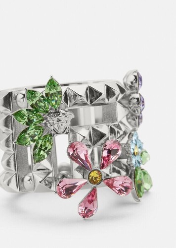 Pre-owned Versace Greca Multi Color Crystal Flower Bloom Silver Ring Size 15/us 7 $675