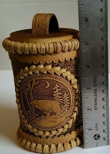 Handcrafted Russian Birch Bark Bear Decorated Storage Canister or Trinket Box