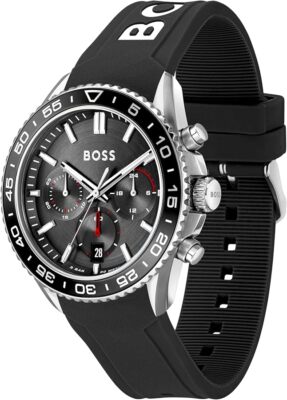 Pre-owned Hugo Boss Mens Wristwatch  Runner 1514141 Chrono Silicone Black