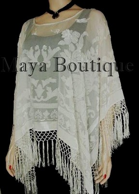 Pre-owned Maya Matazaro Ivory  Silk Burnout Velvet Poncho Top Piano Shawl Fringed Wrap In White