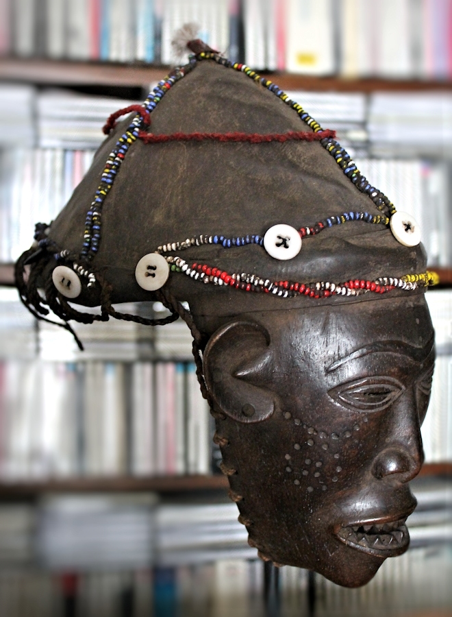 COMPELLING LWENA PWO MASK w/BEADED LEATHER HELMET ~ African Art / DR Congo