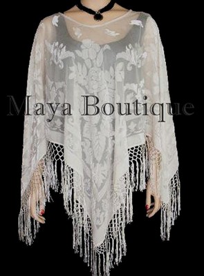 Pre-owned Maya Matazaro Ivory  Silk Burnout Velvet Poncho Top Piano Shawl Fringed Wrap In White