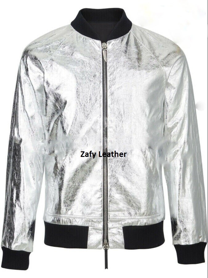 ZAFY LEATHER HERREN SILBER FOLIERTES LEDERJACKE SLIM FIT BOMBER CAFE RACER JACKE ZL248