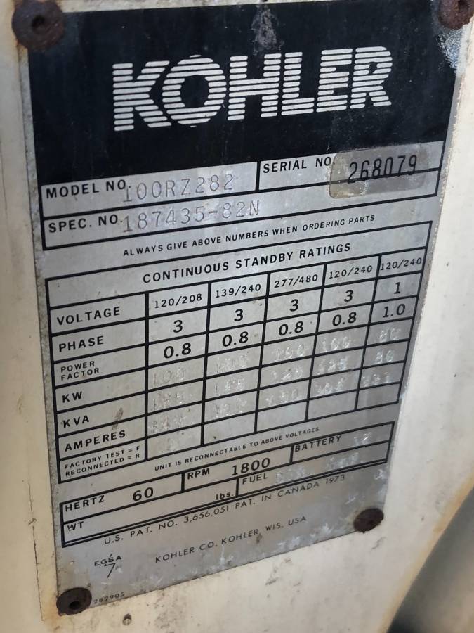 Kohler Fast Response II 100KW Generator Natural Gas -Used
