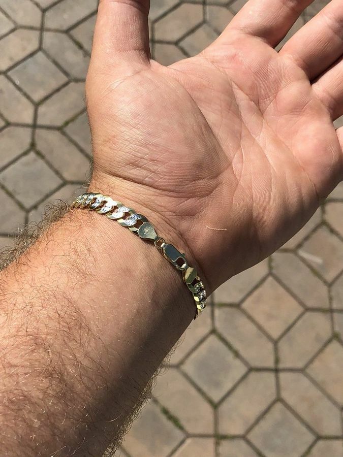 Pre-owned Online0369 1.33ct Cubic Zirconia Mens Cuban Classic Bracelet Silver Yellow Gold Plated In White