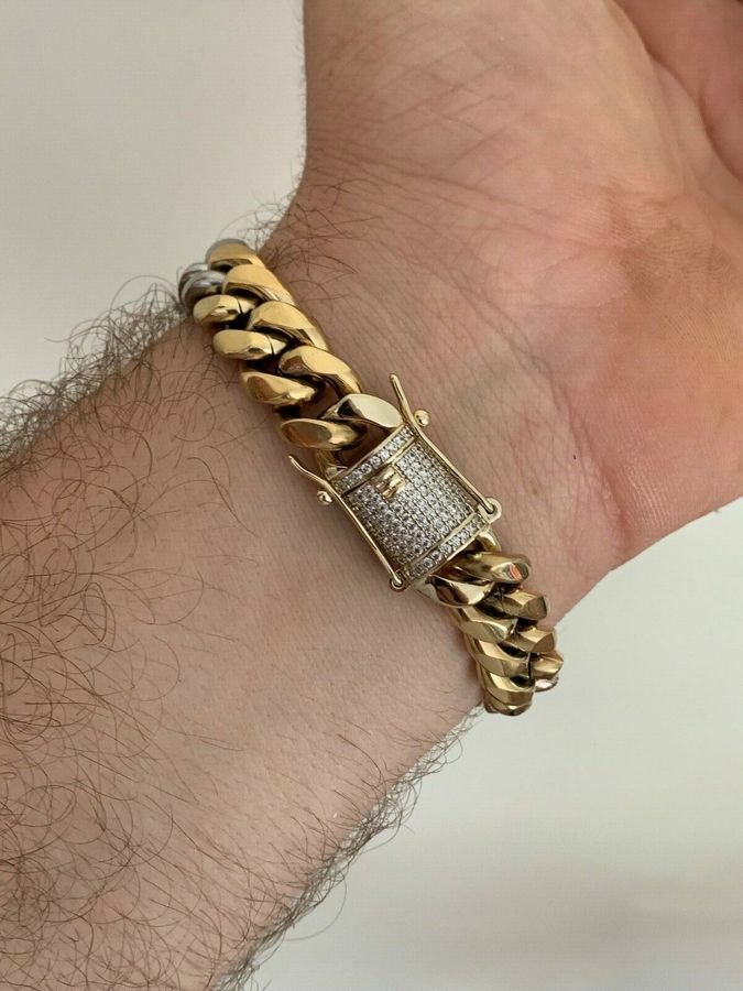 Pre-owned Online0369 Mens Solid Miami Cuban Link Bracelet Real Moissanite 3 Tone Gold Plated Silver In White