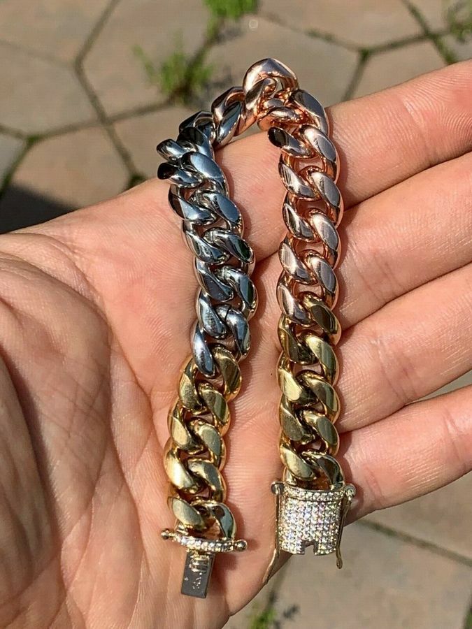 Pre-owned Online0369 Mens Solid Miami Cuban Link Bracelet Real Moissanite 3 Tone Gold Plated Silver In White