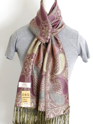 DG Women's Pashmina Scarf Wrap.Paisley Pink Gray Beige.Silk Cashmere*Soft*029