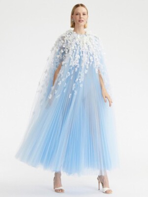 $10990 NEW Oscar de la Renta Pleated Tulle Hydrangea 3D Caftan Dress Blue LXL