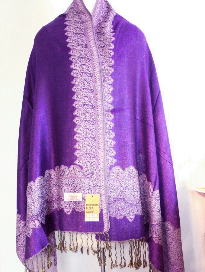 Women's Pashmina Scarf Shawl Warp Paisley Purple Beige ,Silk Cashmere*Soft