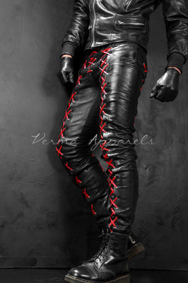 soft COWHIDE LEATHER Red black lace pant custom made biker