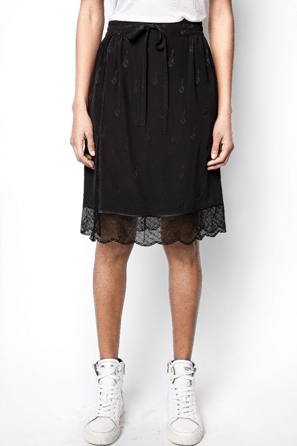 Pre-owned Zadig & Voltaire $285 Zadig&voltaire Jillian Jacquard Guitar Silk Lace Hem Midi Skirt Size 36 In Black