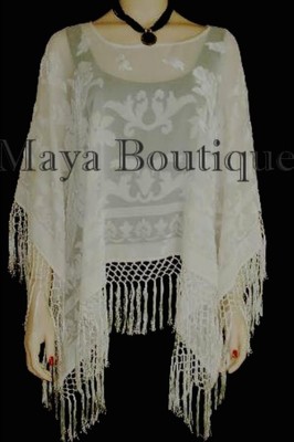 Pre-owned Maya Matazaro Ivory  Silk Burnout Velvet Poncho Top Piano Shawl Fringed Wrap In White