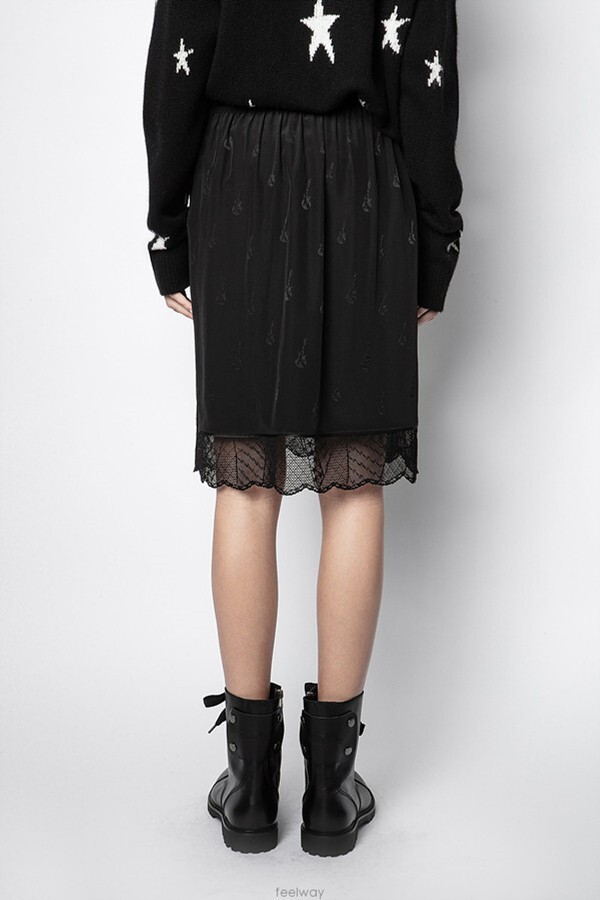 Pre-owned Zadig & Voltaire $285 Zadig&voltaire Jillian Jacquard Guitar Silk Lace Hem Midi Skirt Size 36 In Black
