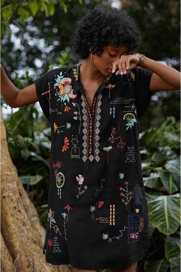 Pre-owned Johnny Was Lemona Dress Floral Embroidery Linen Black Button Front Flowers