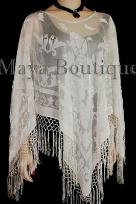 Pre-owned Maya Matazaro Ivory  Silk Burnout Velvet Poncho Top Piano Shawl Fringed Wrap In White