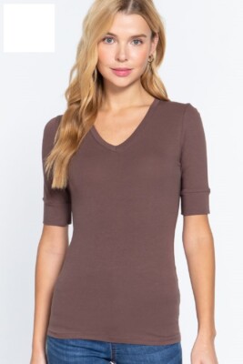 Women Basic V-NECK Elbow SHORT Sleeve T Shirt Top Cotton Stretch REG N PLUS S-3X