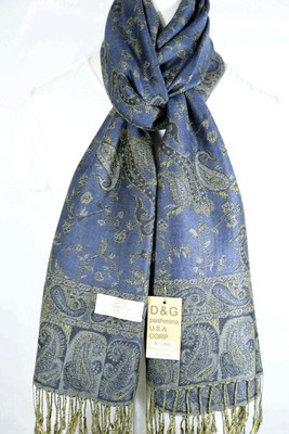 NEW DG Pashmina Scarf Shawl Wrap Paisley Blue Black Camel Cashmere Silk 